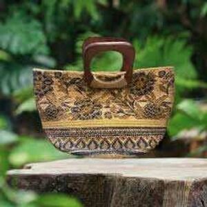 Woven Straw & Fabric Tote Bag With Wooden Handles By Antik Kraft